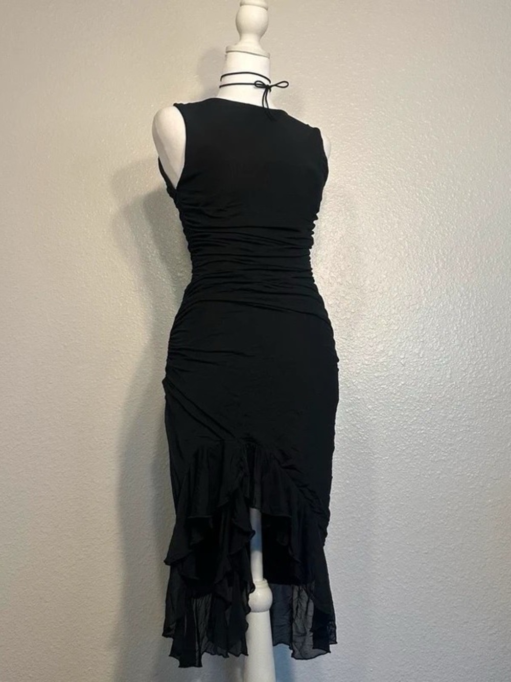 Elegant Black Sleeveless Ruched High-Low Maxi Dress